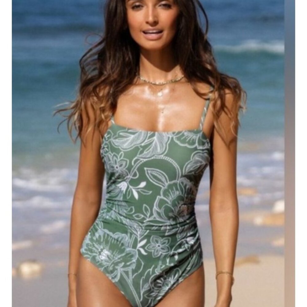 Cupshe Womens Large Floral Print Shirred Cutout One Piece Swimsuit Adjustable
